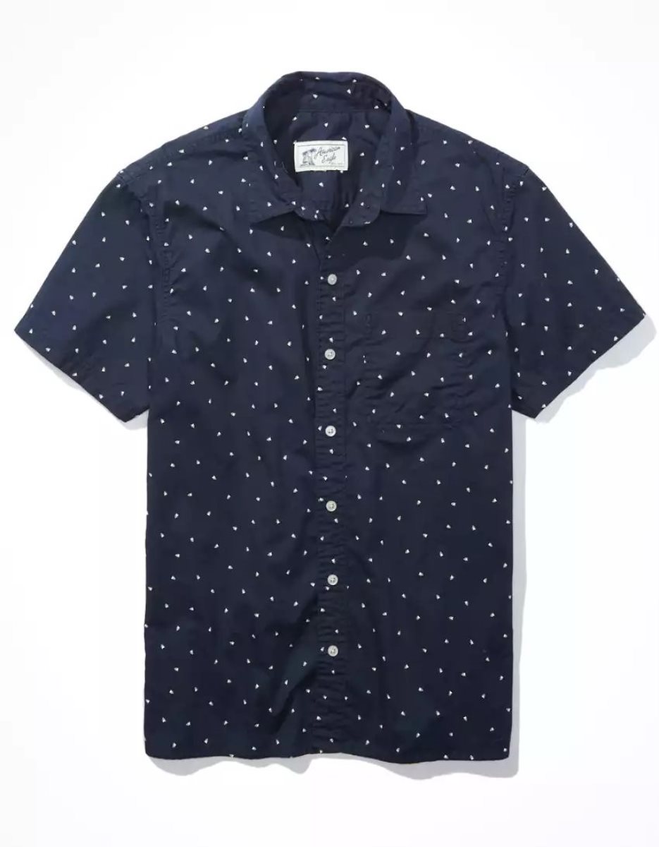 Hauts Flanelle American Eagle AE Micro Dot Button-Up Resort Shirt Bleu Marine Homme | AHW-08368666